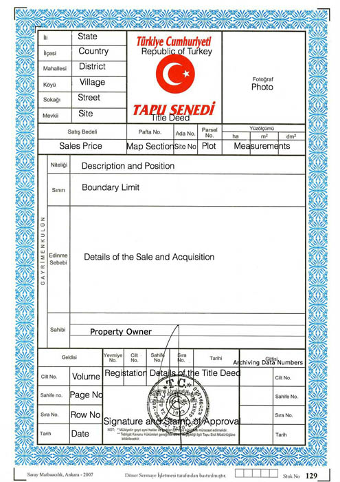 Turkish Land Title Deed - Blue Title Deed - Mavi Tapu - Arsa Tapu
