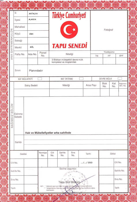 Turkish property Title Deed - Red Title Deed - Kirmizi Tapu - Tapu