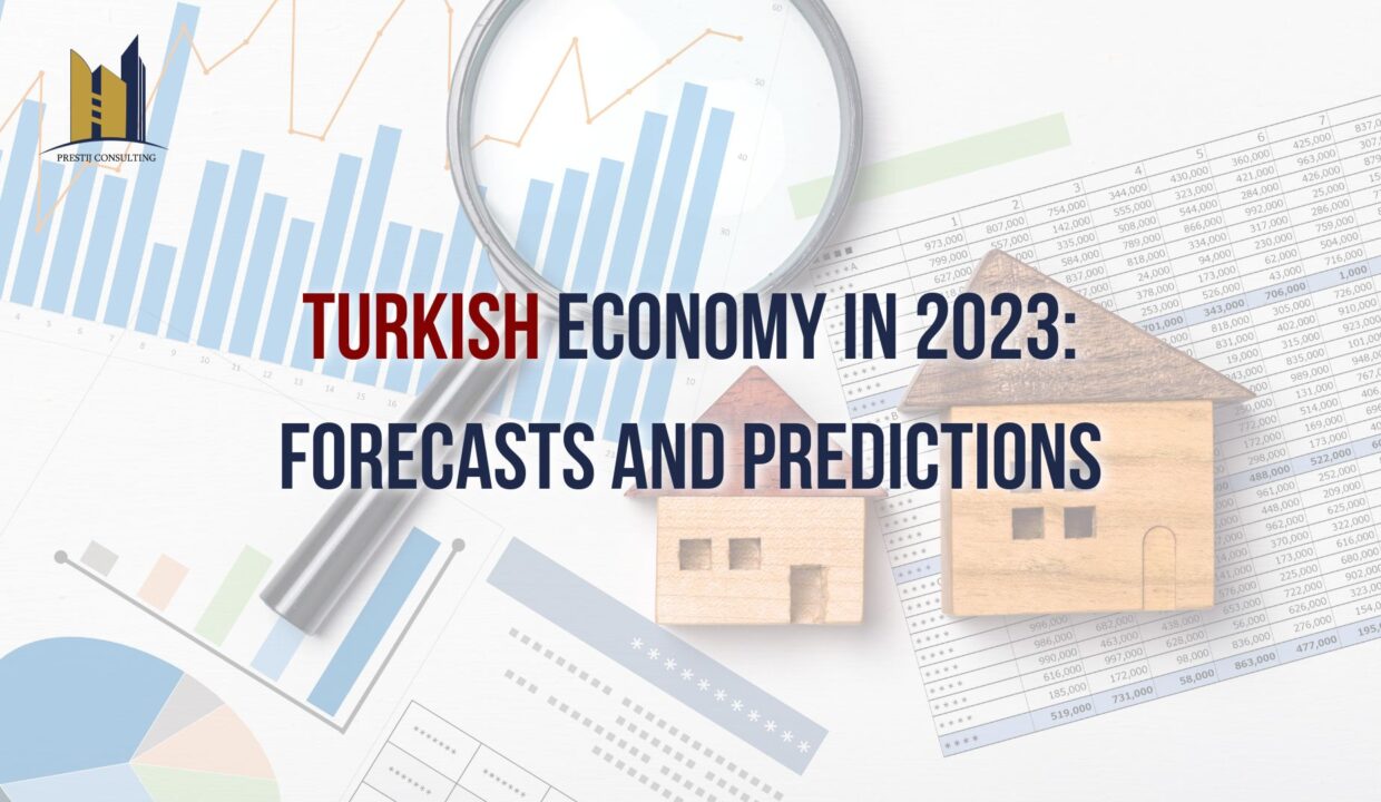 Illustration of a graph showing the upward trend of Turkish economy in 2023 with notable landmarks of Istanbul in the background