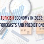 Illustration of a graph showing the upward trend of Turkish economy in 2023 with notable landmarks of Istanbul in the background