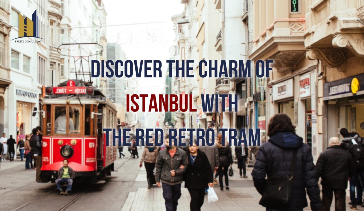 The Red Retro Tram on a busy street in Istanbul