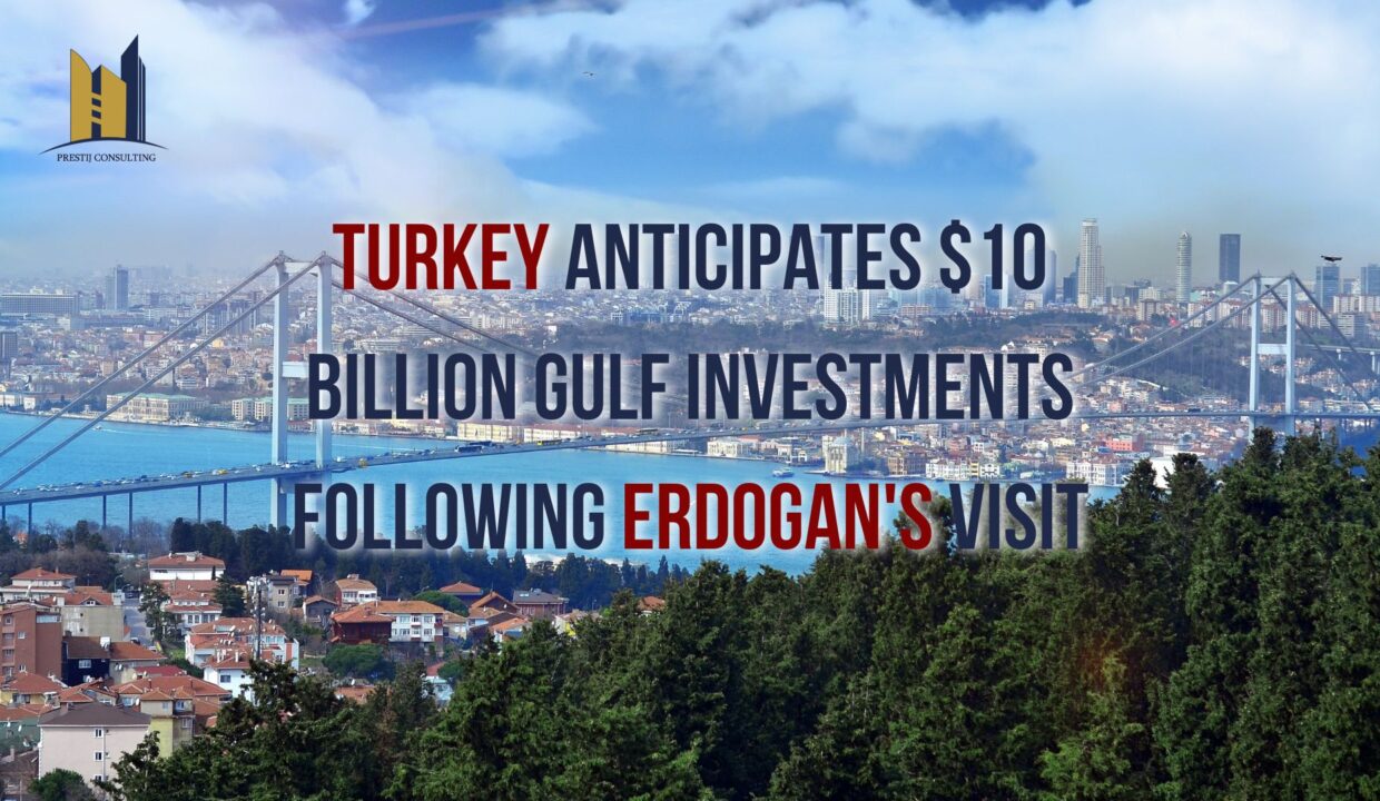 An image depicting the flags of Turkey and Gulf countries, with the title "Turkey's Anticipation of $10 Billion Gulf Investments: Strengthening Economic Ties.