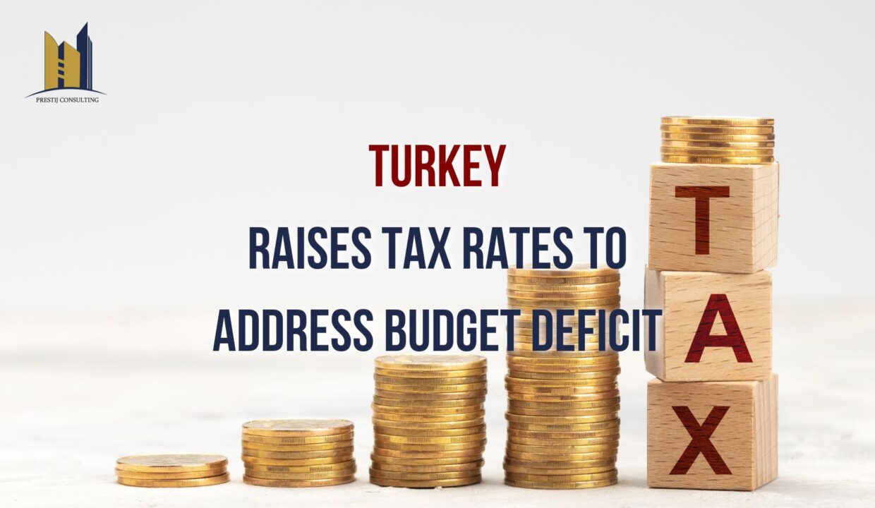 An image depicting a financial chart and Turkish flag with the title "Turkey's Tax Rate Hike: Addressing the Budget Deficit."