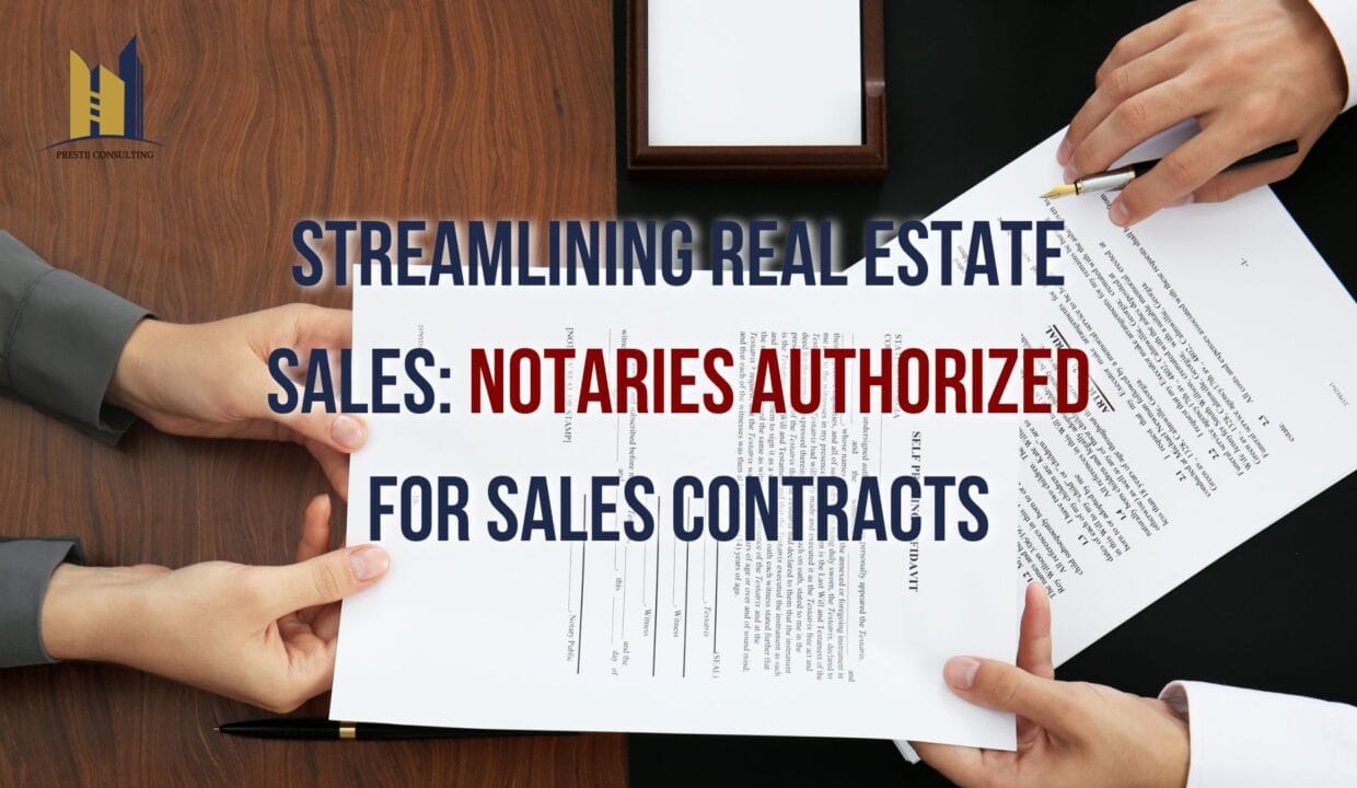 An image depicting a notary office with the title "Streamlining Real Estate Sales: Notaries Authorized for Sales Contracts."