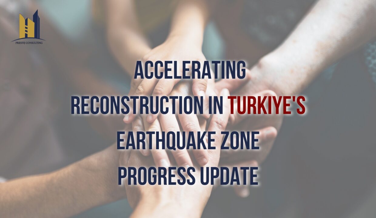 An image capturing the reconstruction efforts with the title "Reconstruction in Turkiye's Earthquake Zone: A Path to Renewal."