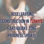An image capturing the reconstruction efforts with the title "Reconstruction in Turkiye's Earthquake Zone: A Path to Renewal."