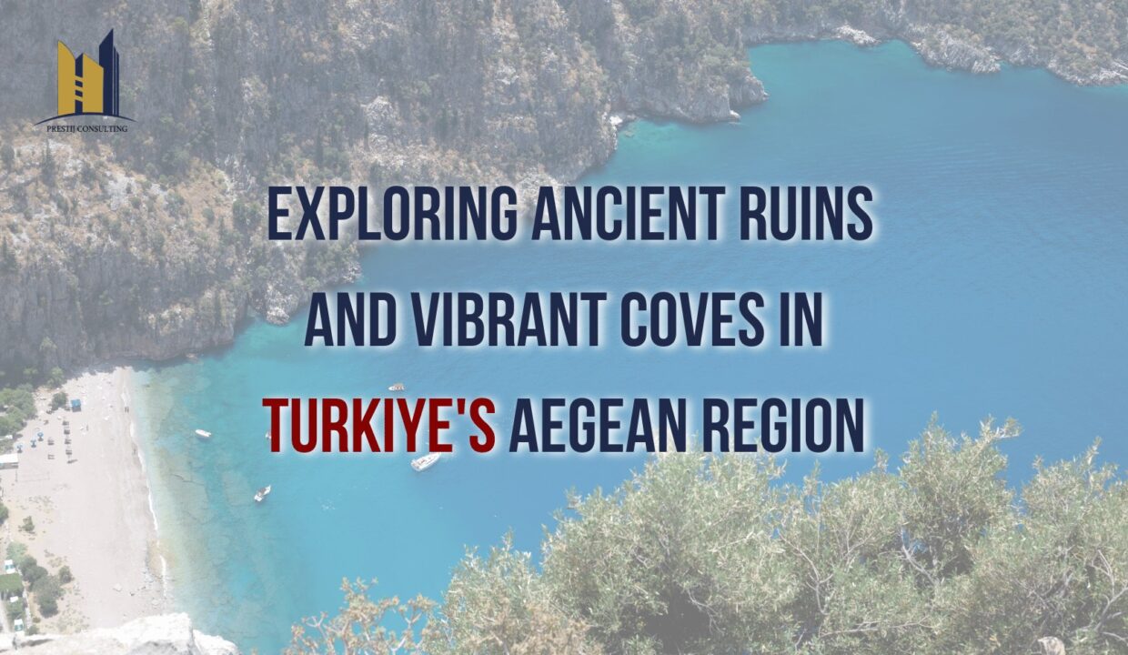 An image depicting the blend of ancient ruins and vibrant coves with the title "Ancient Ruins and Vibrant Coves of Turkiye's Aegean: A Harmonious Blend."